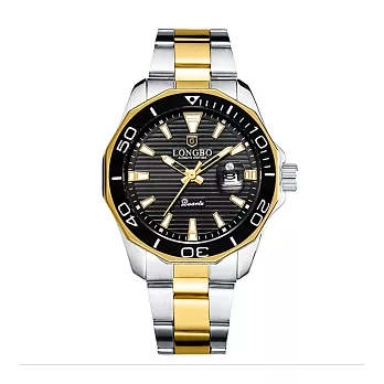 LONGBO龍波 80512時尚簡約多邊造型男士鋼帶手錶- 中金黑