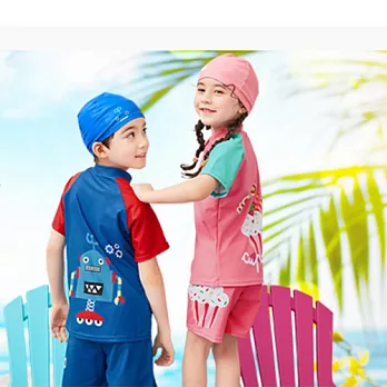 新款粉藍黃兒童兩件式泳衣(附贈同款帽子)藍色機器人140