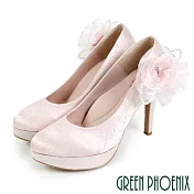 【GREEN PHOENIX】女 高跟鞋 婚鞋 宴會鞋 蕾絲 花 可拆式 全真皮 防水台 台灣製 JP23.5 粉紅色