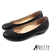 【Pretty】女 低跟鞋 粗跟 圓頭 素面 OL通勤 上班 面試 台灣製 JP22.5 黑色