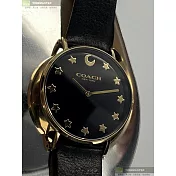 COACH蔻馳精品錶,編號：CH00006,36mm圓形金色精鋼錶殼黑色錶盤真皮皮革深黑色錶帶