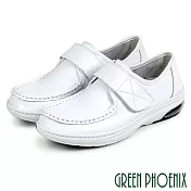【GREEN PHOENIX】女 護士鞋 休閒鞋 全真皮 魔鬼氈 沾黏式 平底 氣墊 台灣製 EU36 白色