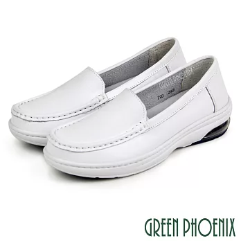 【GREEN PHOENIX】女 護士鞋 休閒鞋 全真皮 直套式 平底 氣墊 台灣製 EU39 白色