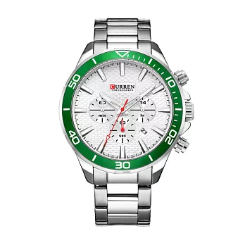 CURREN 卡瑞恩 8309 時尚扇形紋三眼計時鋼帶手錶- 銀綠