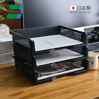 【日本仲林】日製橫式可層疊桌上用A4文件分類收納架-3入 -尊爵黑