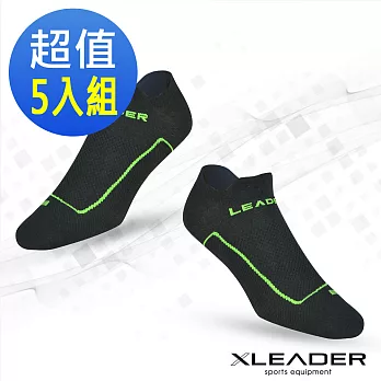 【LEADER】ST-01 台灣製環形加壓 機能除臭運動襪 男款 超值5入組 (黑綠x5)