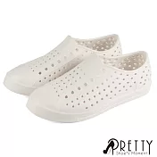 【Pretty】男女 洞洞鞋 雨鞋 休閒鞋 一體成形 透氣 孔洞 防水 平底 台灣製 EU41 白色