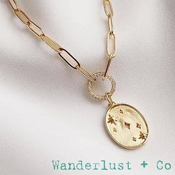 Wanderlust+Co 澳洲品牌 星星橢圓形錢幣項鍊 鑲鑽圓扣金色垂墜式項鍊 Stargazer