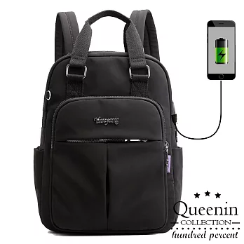 DF Queenin日韓 - 輕盈休閒USB充電防盜雙肩包 -共4色 黑色