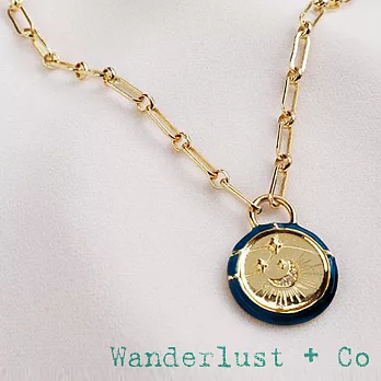 Wanderlust+Co 澳洲品牌 鑲鑽月亮錢幣項鍊 背面刻字款 深藍色X金色 Affirmation