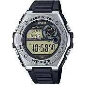 【CASIO】重工業風金屬錶圈電子錶-銀框X黃面(MWD-100H-9A)