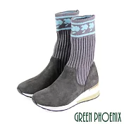 【GREEN PHOENIX】女 襪靴 短靴 長靴 蘋果 針織 牛麂皮 異材質拼接 套襪式 厚底 EU40 灰色