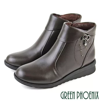 【GREEN PHOENIX】女 短靴 馬靴 全真皮 小坡跟 垂墜水鑽 翻領 台灣製 JP21.5 咖啡色65