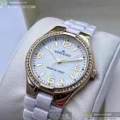ANNE KLEIN安妮克萊恩精品錶,編號：AN00546,34mm圓形金色精鋼錶殼白色, 貝母錶盤陶瓷白錶帶