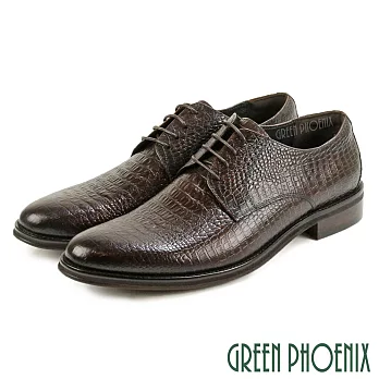 【GREEN PHOENIX】男 紳士皮鞋 商務皮鞋 德比鞋 鱷魚紋 壓花 綁帶 全真皮 EU45 咖啡色