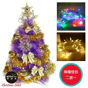 【摩達客】台灣製2尺(60cm)特級紫色松針葉聖誕樹 (金色系配件)+LED50燈彩色燈串(插電式透明線) (本島免運費)暖白光