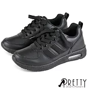 【Pretty】女 休閒鞋 雙線條 綁帶 內增高 氣墊 平底 台灣製 JP23 黑色