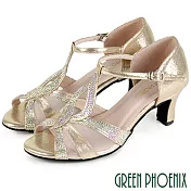 【GREEN PHOENIX】女 專業標準舞鞋 拉丁舞鞋 探戈 華爾滋 國標舞鞋 透膚 水鑽 真皮底 JP22.5 金色67