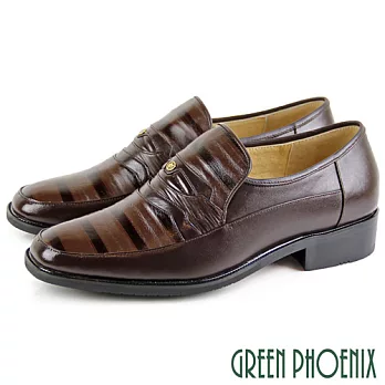 【GREEN PHOENIX】男 商務皮鞋 紳士皮鞋 復古 雙色壓紋 木跟 全真皮 US5.5 咖啡色