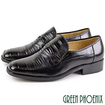 【GREEN PHOENIX】男 商務皮鞋 紳士皮鞋 復古 雙色壓紋 木跟 全真皮 US5.5 黑色