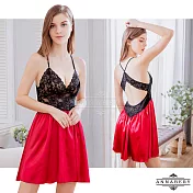 【Annabery】大尺碼 黑蕾絲拼緞面接美背禮服式性感睡裙FREE紅+黑