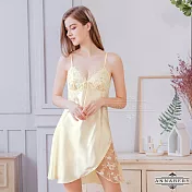 【Annabery】大尺碼 浪漫粉黃深V緞面蕾絲刺繡性感睡裙FREE黃