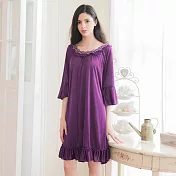 【Annabery】大尺碼  浪漫深紫七分袖緞面性感睡衣FREE紫
