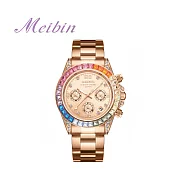MEIBIN 美賓 M1481M 時尚玫瑰金鑲鑽彩虹外圈三眼計時手錶- 玫面
