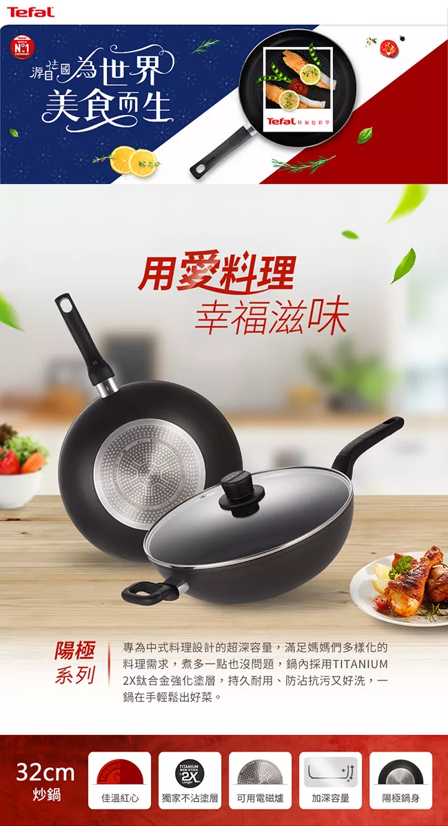 博客來 Tefal法國特福陽極32cm單柄不沾炒鍋 加蓋
