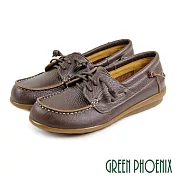 【GREEN PHOENIX】女 休閒鞋 素面 直套式 全真皮 平底 EU36 咖啡色