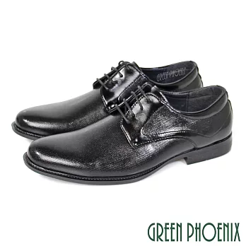 【GREEN PHOENIX】男 紳士皮鞋 商務皮鞋 素食皮革 煙燻 漸層 細格紋 綁帶 EU45 黑色