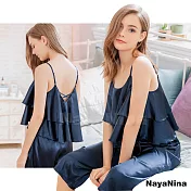 【Naya Nina】居家睡衣 簡約波浪層次緞面細肩七分褲套裝居家服 FREE 藍