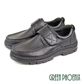 【GREEN PHOENIX】男 商務皮鞋 休閒皮鞋 簡約 素面 沾黏式 全真皮 厚底 EU45 黑色