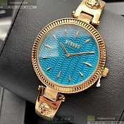 VERSUS VERSACE凡賽斯精品錶,編號：VV00303,34mm圓形玫瑰金精鋼錶殼水藍色錶盤精鋼玫瑰金色錶帶