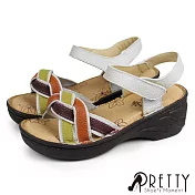 【Pretty】女 涼鞋 全真皮 多彩 麻花編織 沾黏式 厚底 楔型 EU35 米色