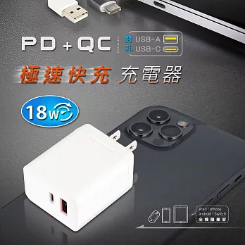 【動力公牛】PD+QC雙孔18W極速快充充電器(PB-18AC)