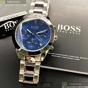 BOSS伯斯精品錶,編號：HB1513582,42mm圓形銀精鋼錶殼寶藍色錶盤精鋼金色錶帶