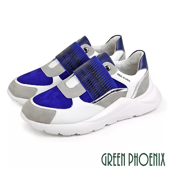 【GREEN PHOENIX】女 休閒鞋 國際精品 撞色 義大利胎牛皮 厚底 西班牙原裝 EU35 藍色