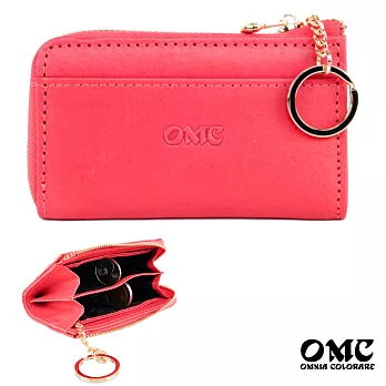 【OMC】義大利植鞣革L型拉鍊牛皮卡片鑰匙零錢包- 粉色