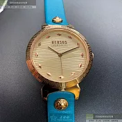 VERSUS VERSACE凡賽斯精品錶,編號：VV00297,36mm圓形玫瑰金精鋼錶殼米粉色錶盤真皮皮革淺藍錶帶