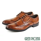 【GREEN PHOENIX】男 紳士皮鞋 商務皮鞋 大尺碼 全真皮 布洛克 雷射雕花 綁帶 EU47 棕色