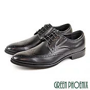 【GREEN PHOENIX】男 紳士皮鞋 商務皮鞋 大尺碼 全真皮 布洛克 雷射雕花 綁帶 EU49 黑色