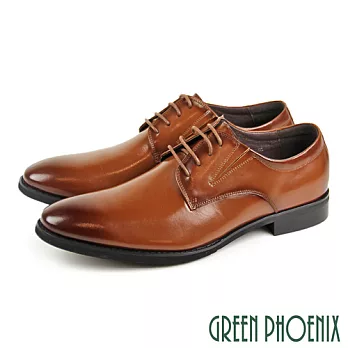 【GREEN PHOENIX】男 紳士皮鞋 商務皮鞋 大尺碼 全真皮 煙燻 漸層 素面 綁帶 EU47 棕色