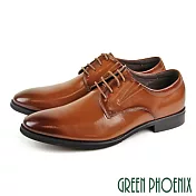 【GREEN PHOENIX】男 紳士皮鞋 商務皮鞋 大尺碼 全真皮 煙燻 漸層 素面 綁帶 EU49 棕色