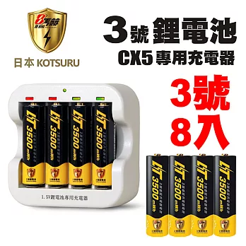 【日本KOTSURU】8馬赫 1.5V恆壓可充式鋰電池 鋰電充電電池 AA 3號 8入+CX5專用充電器(隨時充 隨時用)