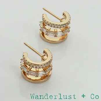 Wanderlust+Co 澳洲品牌 鑲鑽耳環 金色小圓耳環 立體三層設計 Triple Pave