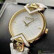 VERSUS VERSACE凡賽斯精品錶,編號：VV00305,36mm圓形金色精鋼錶殼白色錶盤真皮皮革白錶帶