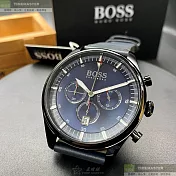 BOSS伯斯精品錶,編號：HB1513711,40mm圓形黑精鋼錶殼寶藍色錶盤真皮皮革深藍色錶帶