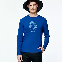 【荒野wildland】男彈性LOGO印花抗UV長袖上衣中藍色 XL 中藍色