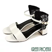 【GREEN PHOENIX】女 涼鞋 韓系 拼接毛呢 一字 漆皮 粗跟 高跟 EU38 白色